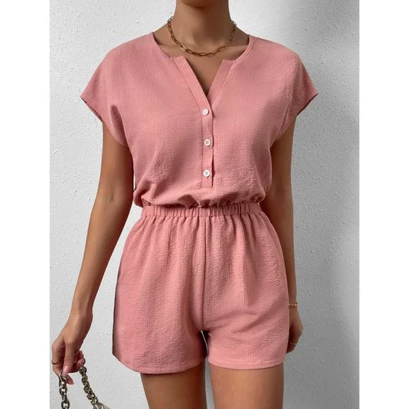 Coral Pink Boho Womens Button Front Batwing Sleeve Half Button Romper - Picture 4 of 7